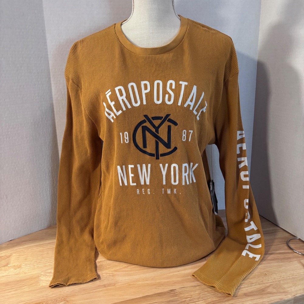 Aeropostale Long Sleeve Thermal‎ Shirt Large New NY Graphic Print Amber Orange